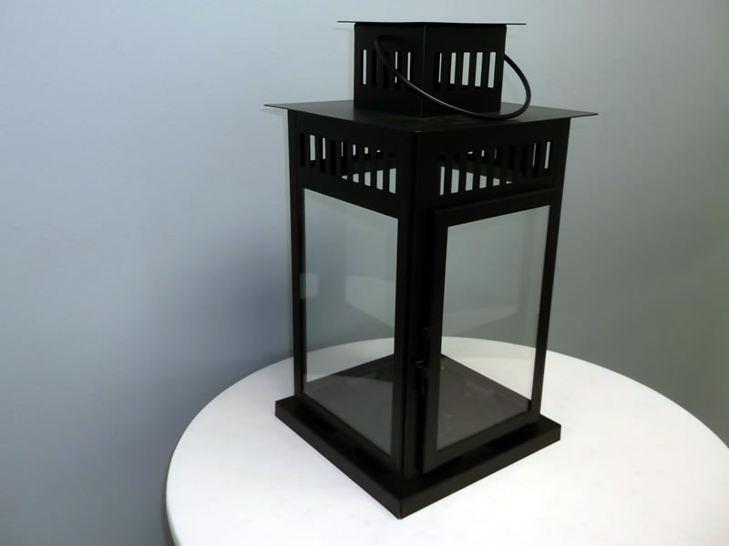 BLACK GLASS LANTERN H18"XW8" (Use Pillar or Votive Candles not included)