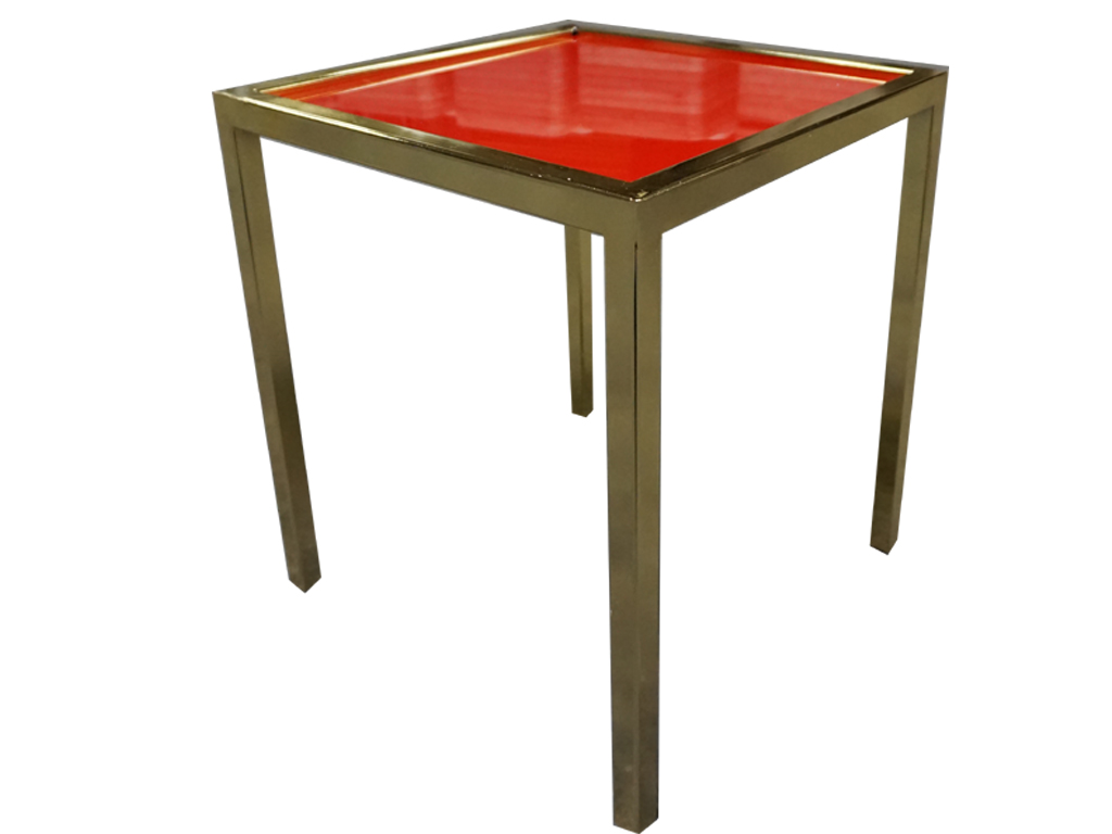 18" X 18" GOLD FRAME END TABLE WITH RED PLEXI