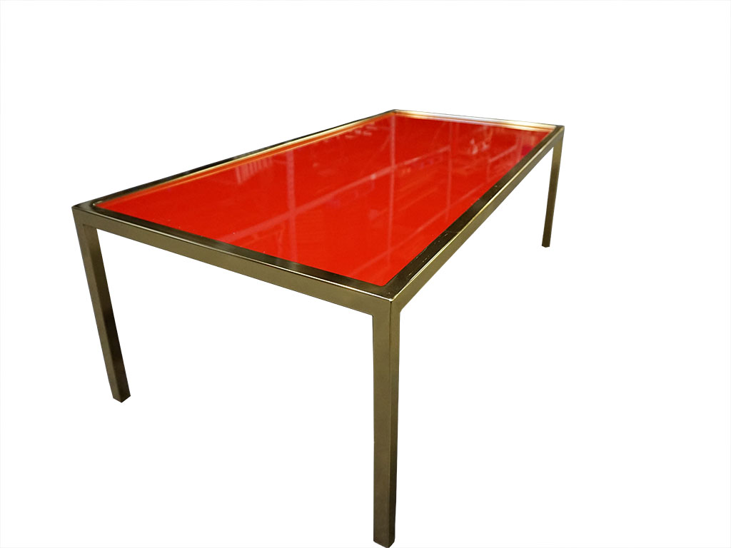 GOLD FRAME COFFEE TABLE 2' X 4' WITH RED PLEXI