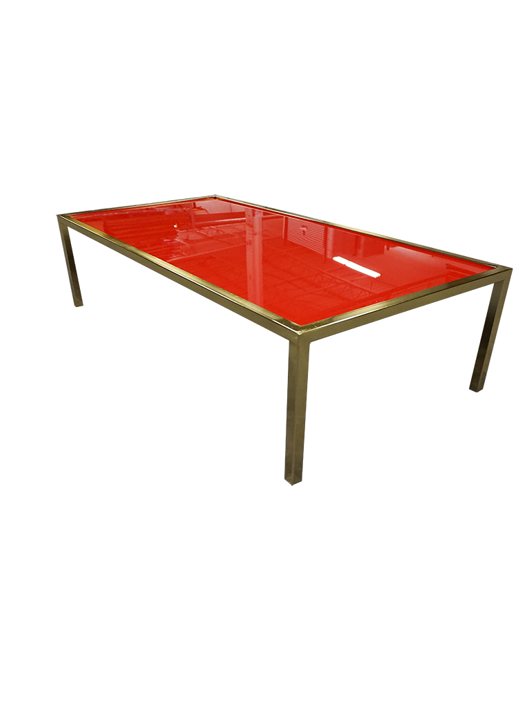 GOLD FRAME COFFEE TABLE 2' X 4' WITH RED PLEXI